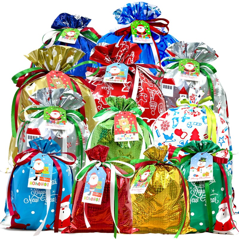 38PCS Christmas Drawstring Gift Bags Assorted Size Small Medium Large Holiday Xmas Presents Wrapping Bags with Tags